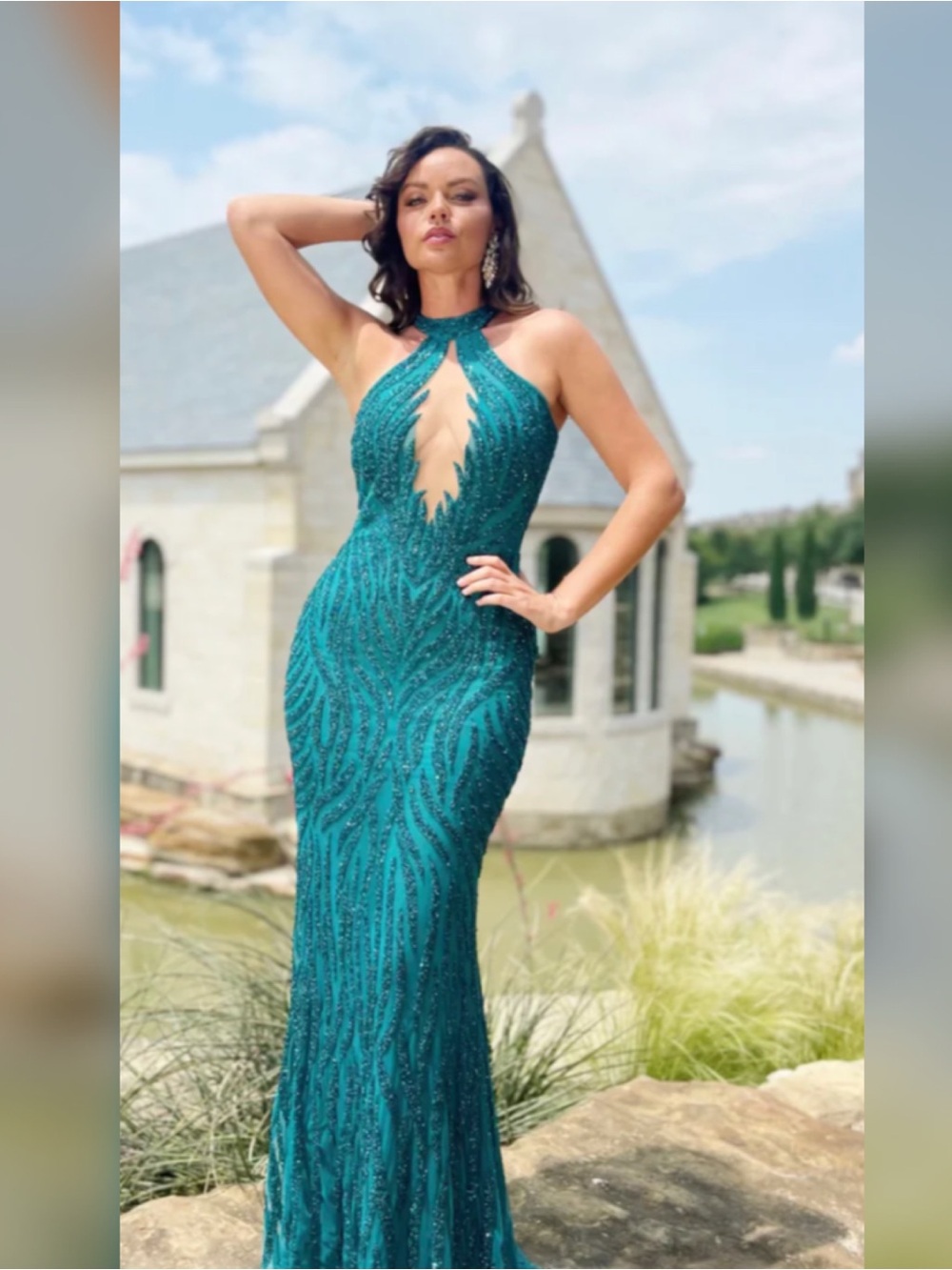 Heavily beaded teal prom dress, formal dress or pageant evening gown